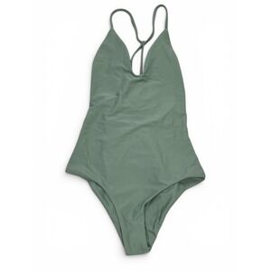 Jade Swim All In One Piece Swimsuit Sage Olive Green V-Neck Multi  Small